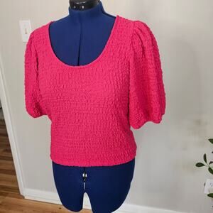 Maeve by Anthropologie Hot Pink Smocked Puff Sleeve Textured Blouse (XL Petite)